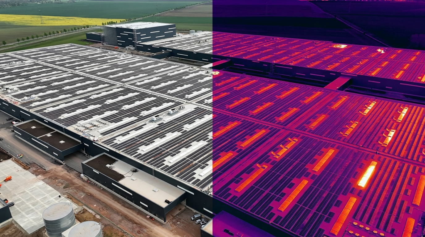 Drone inspecting an industrial rooftop at sunset